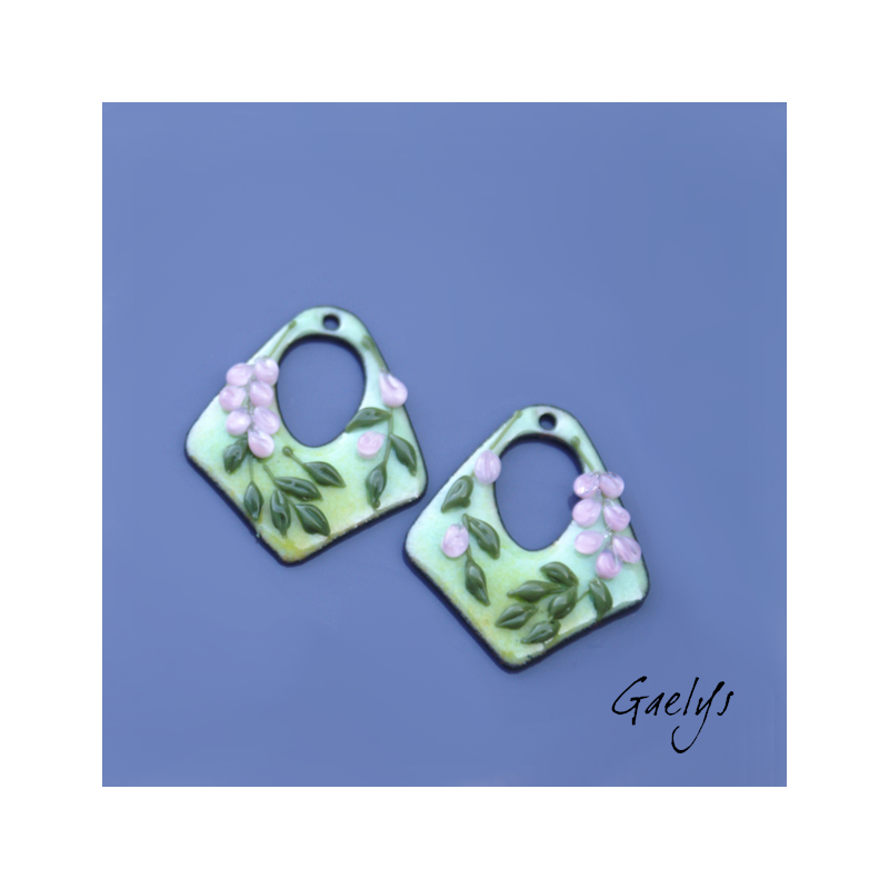 Paire de charm cuivre émaillé pour boucles d'oreille -  vert / rose - style glycine