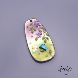 GRAND pendentif cuivre émaillé -  vert / bleu / jaune / violet - Glycine prairie fleurie