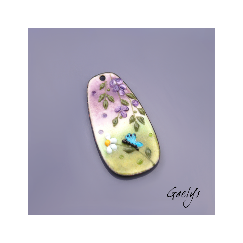 GRAND pendentif cuivre émaillé -  vert / bleu / jaune / violet - Glycine prairie fleurie