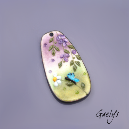 GRAND pendentif cuivre émaillé -  vert / bleu / jaune / violet - Glycine prairie fleurie