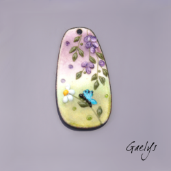 GRAND pendentif cuivre émaillé -  vert / bleu / jaune / violet - Glycine prairie fleurie