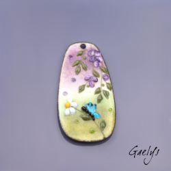 GRAND pendentif cuivre émaillé -  vert / bleu / jaune / violet - Glycine prairie fleurie