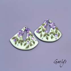 Paire de charm cuivre émaillé pour boucles d'oreille -  vert / violet - éventail - Glycine