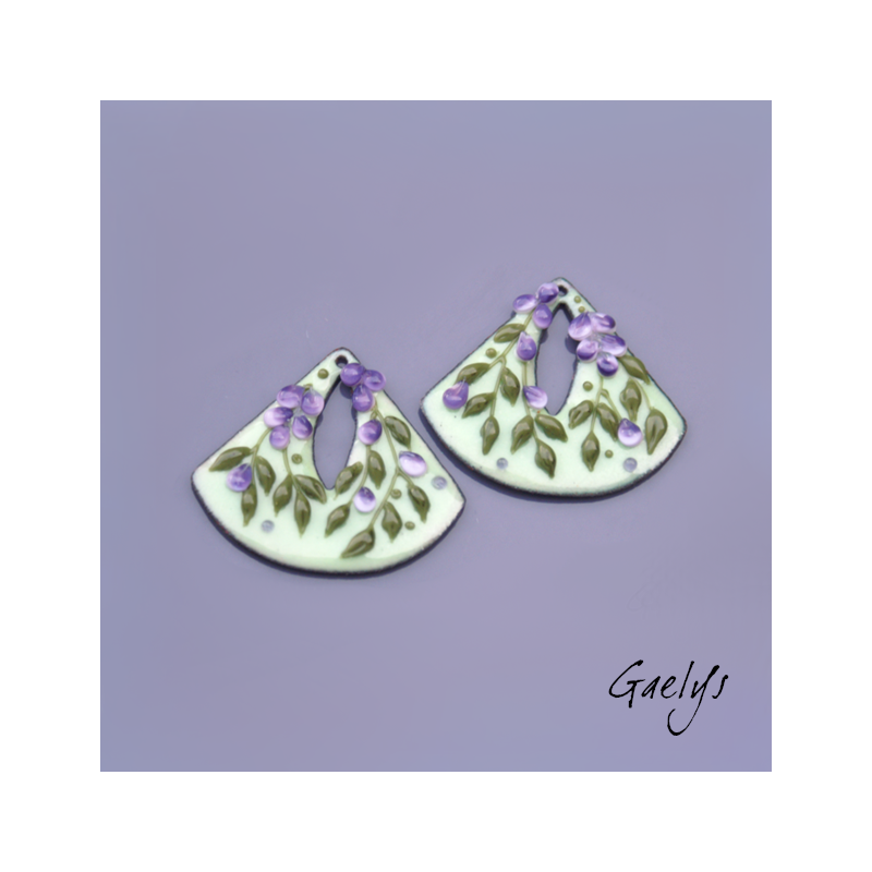 Paire de charm cuivre émaillé pour boucles d'oreille -  vert / violet - éventail - Glycine