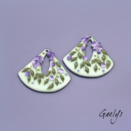 Paire de charm cuivre émaillé pour boucles d'oreille -  vert / violet - éventail - Glycine