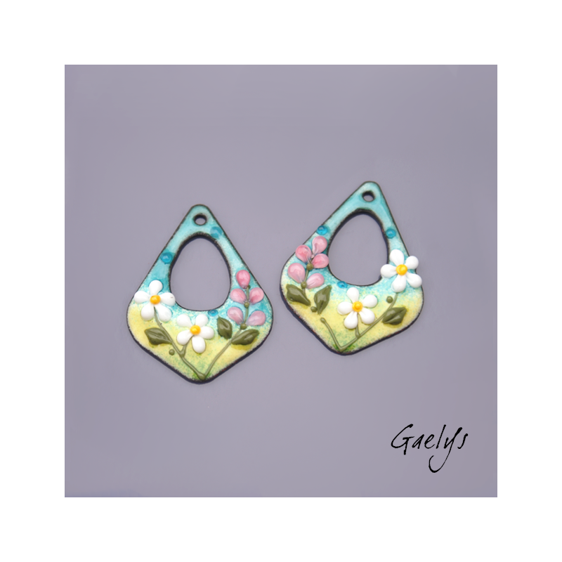 Paire de charm cuivre émaillé pour boucles d'oreille -  vert / bleu turquoise / rose / blanc
