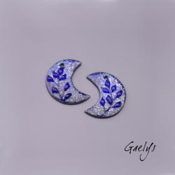 Paire de charm cuivre émaillé pour boucles d'oreille - bleu nuit étoilée  - demi lune - Feuillage