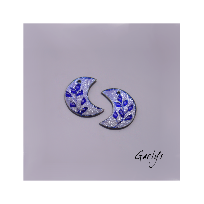 Paire de charm cuivre émaillé pour boucles d'oreille - bleu nuit étoilée  - demi lune - Feuillage