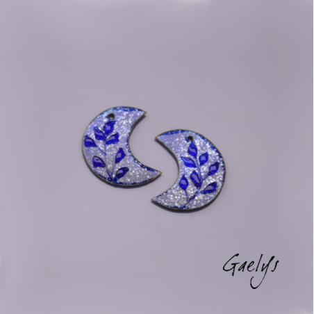 Paire de charm cuivre émaillé pour boucles d'oreille - bleu nuit étoilée  - demi lune - Feuillage