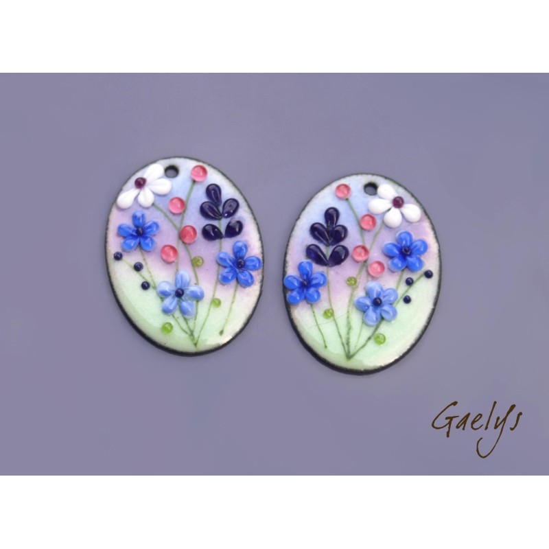 Paire de charm cuivre émaillé pour boucles d'oreille - vert jade / violine / bleu pervenche / violet / blanc / prune