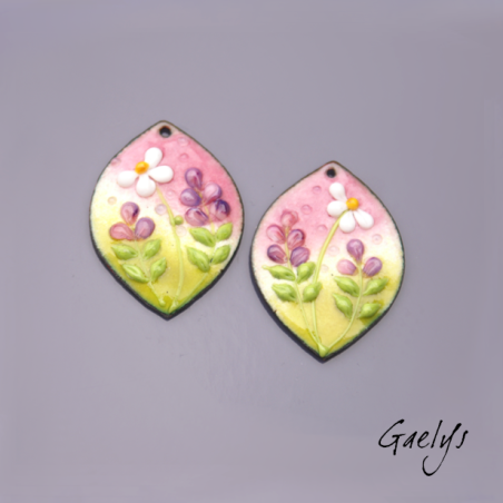 Paire de charm cuivre émaillé pour boucles d'oreille - fond rose / vert / pourpre / blanc - champêtre