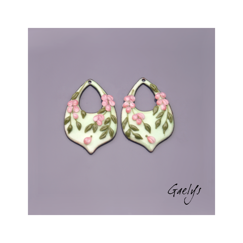 Paire de charm cuivre émaillé pour boucles d'oreille -  vert / rose - style glycine