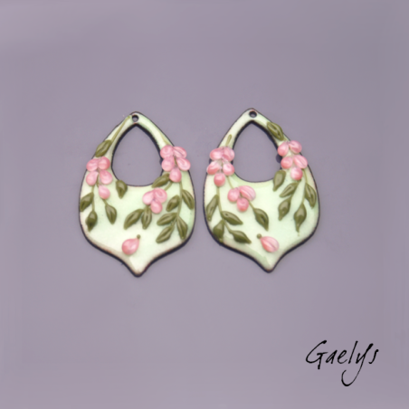 Paire de charm cuivre émaillé pour boucles d'oreille -  vert / rose - style glycine