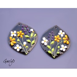 Paire de charm cuivre émaillé pour boucles d'oreille - fond noir / vert anis / violet / jaune / blanc - lentille