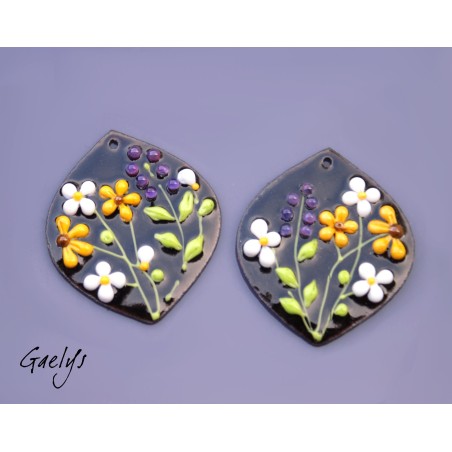 Paire de charm cuivre émaillé pour boucles d'oreille - fond noir / vert anis / violet / jaune / blanc - lentille