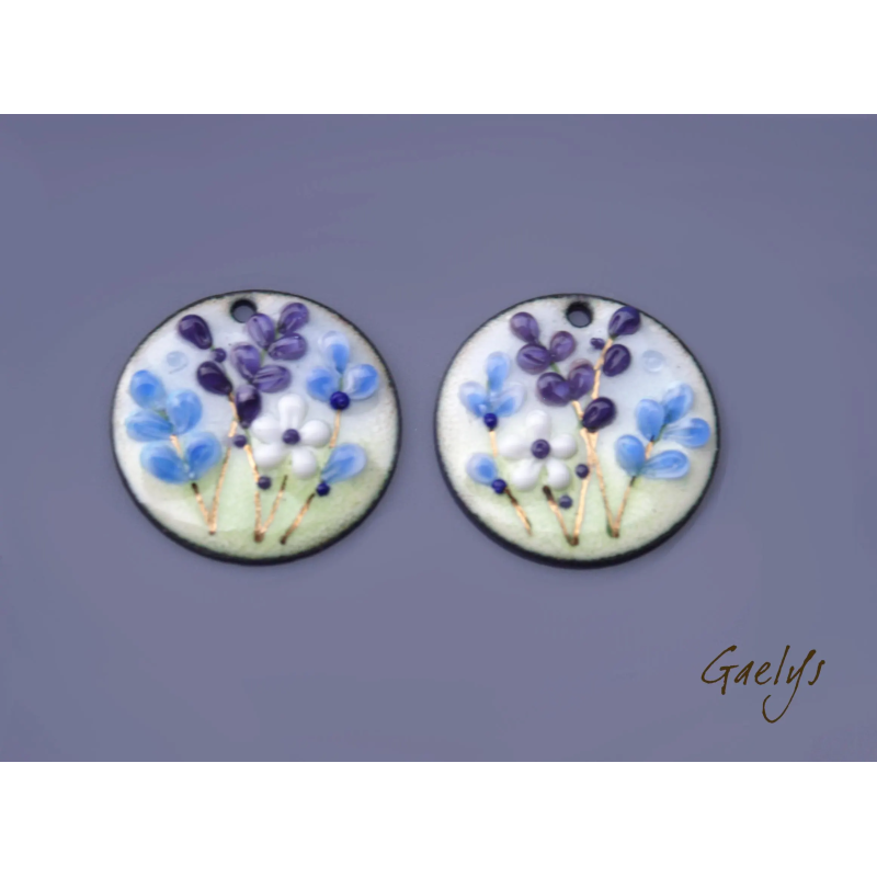 Paire de charm cuivre émaillé pour boucles d'oreille - vert / bleu pâle / bleu pervenche / prune / blanc - cercle - 30 mm