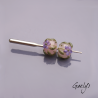 Perles Lampwork à fleurs - duo de perles rondelle  - fond rose translucide  /feuillage / fleurettes violettes
