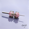 Perles Lampwork à fleurs - duo de perles rondelle  - fond rose translucide  /feuillage / fleurettes roses