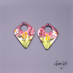 Paire de charm cuivre émaillé pour boucles d'oreille - fond pourpre / vert / pourpre / blanc / jaune