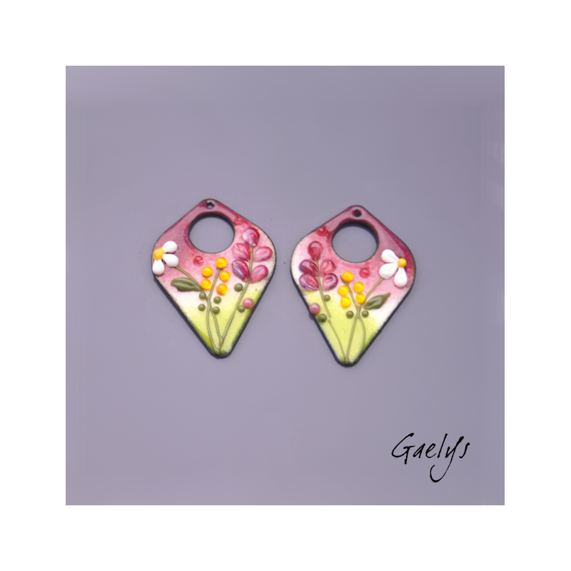 Paire de charm cuivre émaillé pour boucles d'oreille - fond pourpre / vert / pourpre / blanc / jaune