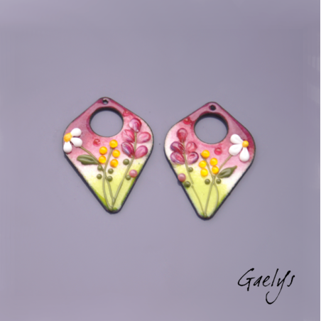 Paire de charm cuivre émaillé pour boucles d'oreille - fond pourpre / vert / pourpre / blanc / jaune