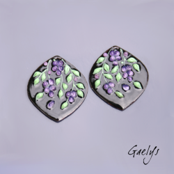 Paire de charm cuivre émaillé pour boucles d'oreille - fond noir / vert doux / violet