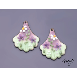 Paire de charm cuivre émaillé pour boucles d'oreille -  vert / violet/ blanc / jaune - éventail en corolle