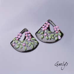 Paire de charm cuivre émaillé pour boucles d'oreille - fond noir / vert doux / rose