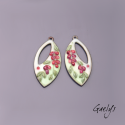 Paire de charm cuivre émaillé pour boucles d'oreille - fond bleu ciel  / vert doux / pourpre - style glycine