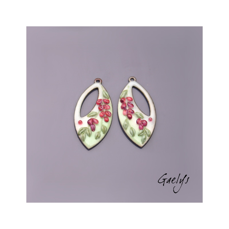 Paire de charm cuivre émaillé pour boucles d'oreille - fond bleu ciel  / vert doux / pourpre - style glycine