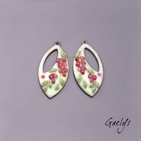 Paire de charm cuivre émaillé pour boucles d'oreille - fond bleu ciel  / vert doux / pourpre - style glycine