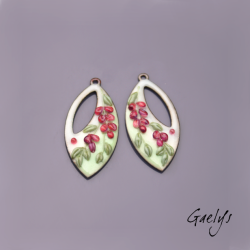 Paire de charm cuivre émaillé pour boucles d'oreille - fond bleu ciel  / vert doux / pourpre - style glycine