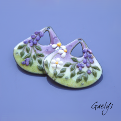 Paire de charm cuivre émaillé pour boucles d'oreille -  vert / violet / blanc - éventail - Glycine