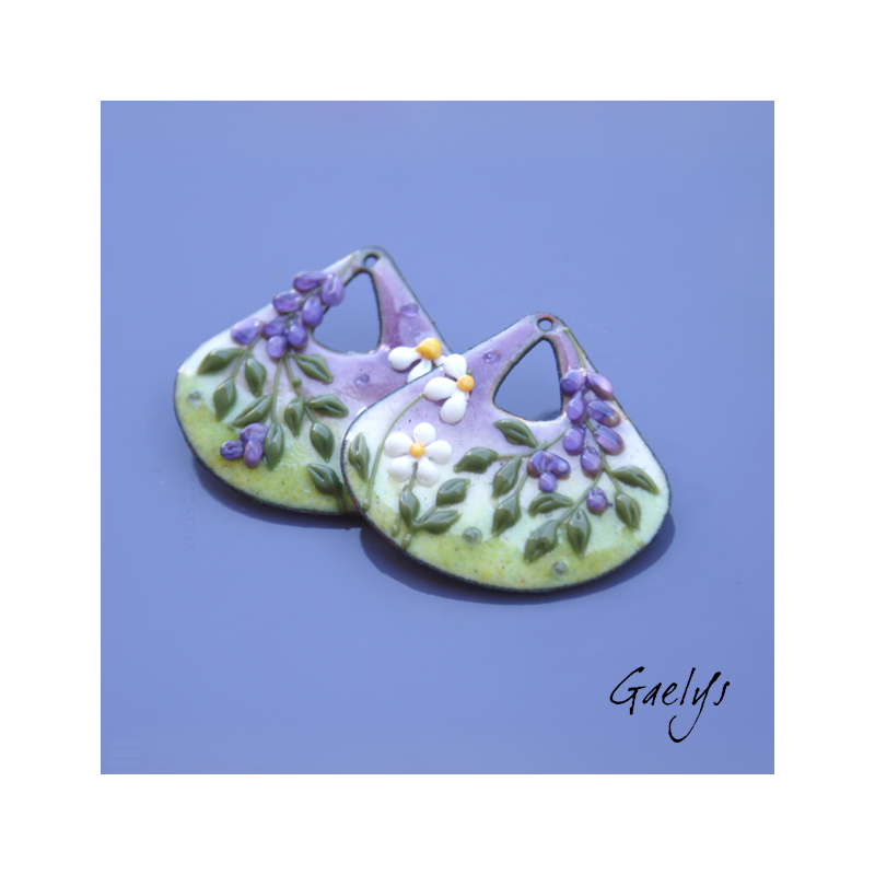 Paire de charm cuivre émaillé pour boucles d'oreille -  vert / violet / blanc - éventail - Glycine