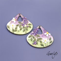 Paire de charm cuivre émaillé pour boucles d'oreille -  vert / violet / blanc - éventail - Glycine