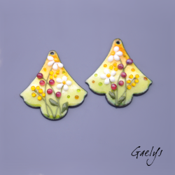 Paire de charm cuivre émaillé pour boucles d'oreille - fond jaune / vert / blanc / pourpre