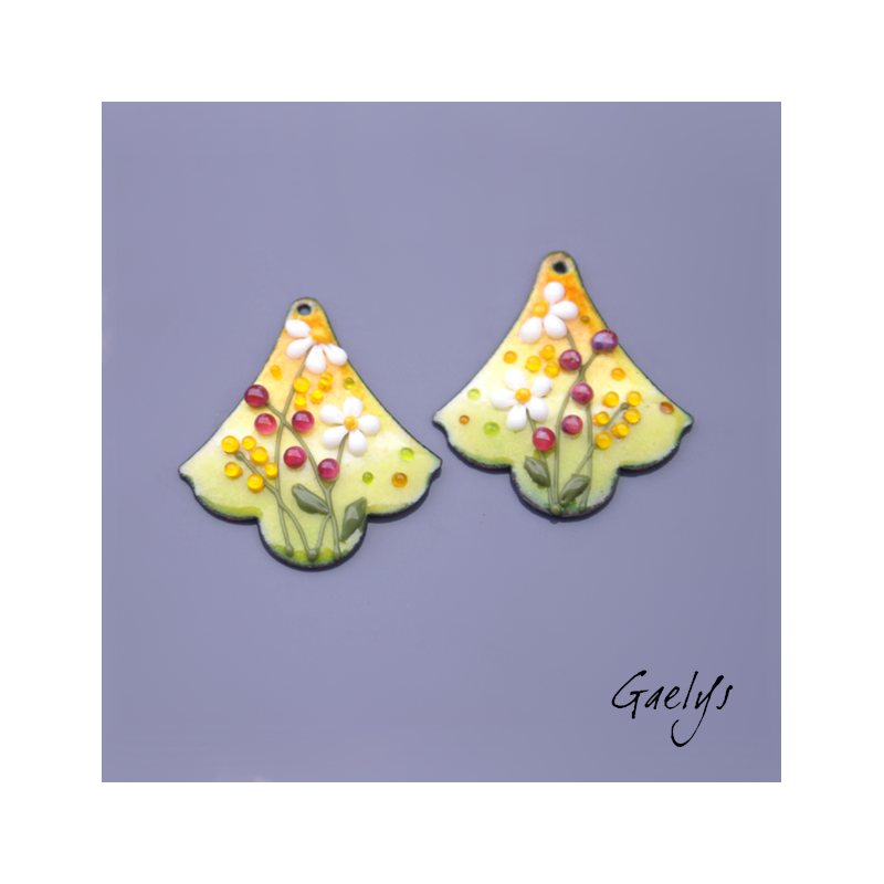 Paire de charm cuivre émaillé pour boucles d'oreille - fond jaune / vert / blanc / pourpre