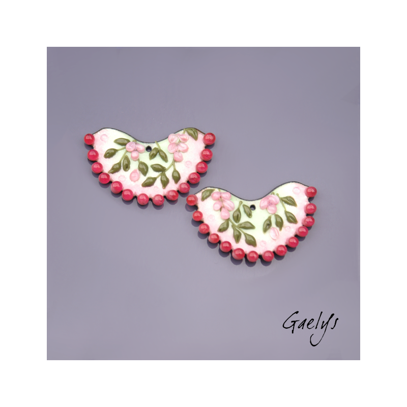 Paire de charm cuivre émaillé pour boucles d'oreille - fond rose  / vert doux / fuschia - Perlé - style glycine