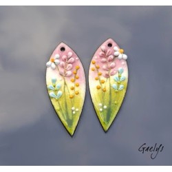 Paire de charm cuivre émaillé pour boucles d'oreille - vert / rose / bleu / blanc / jaune - longue feuille