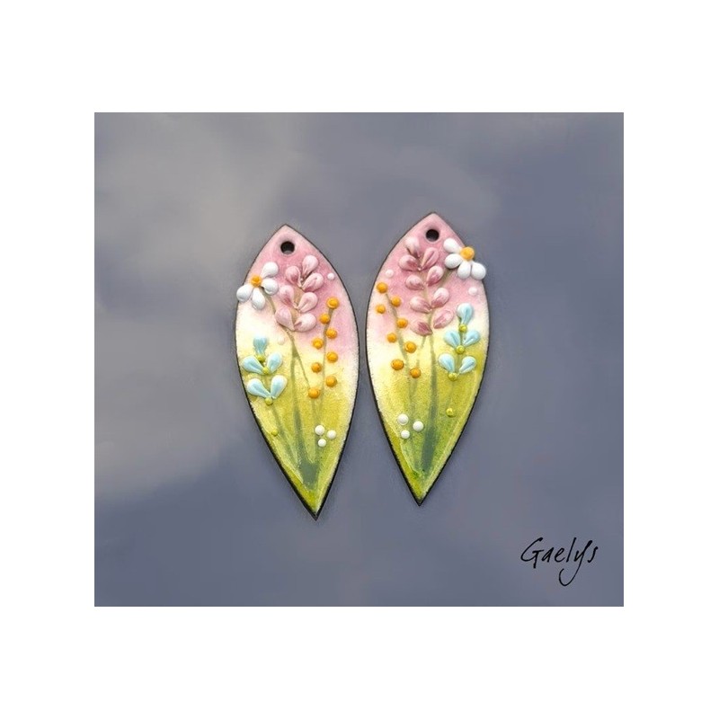 Paire de charm cuivre émaillé pour boucles d'oreille - vert / rose / bleu / blanc / jaune - longue feuille
