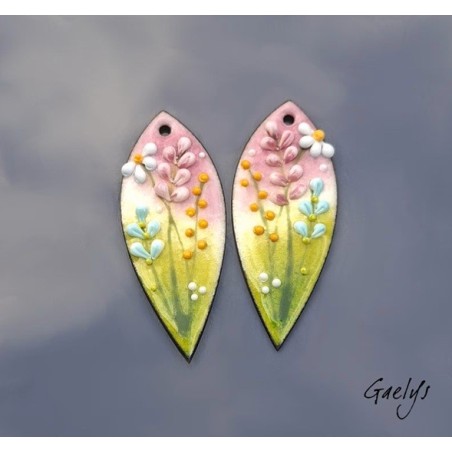 Paire de charm cuivre émaillé pour boucles d'oreille - vert / rose / bleu / blanc / jaune - longue feuille