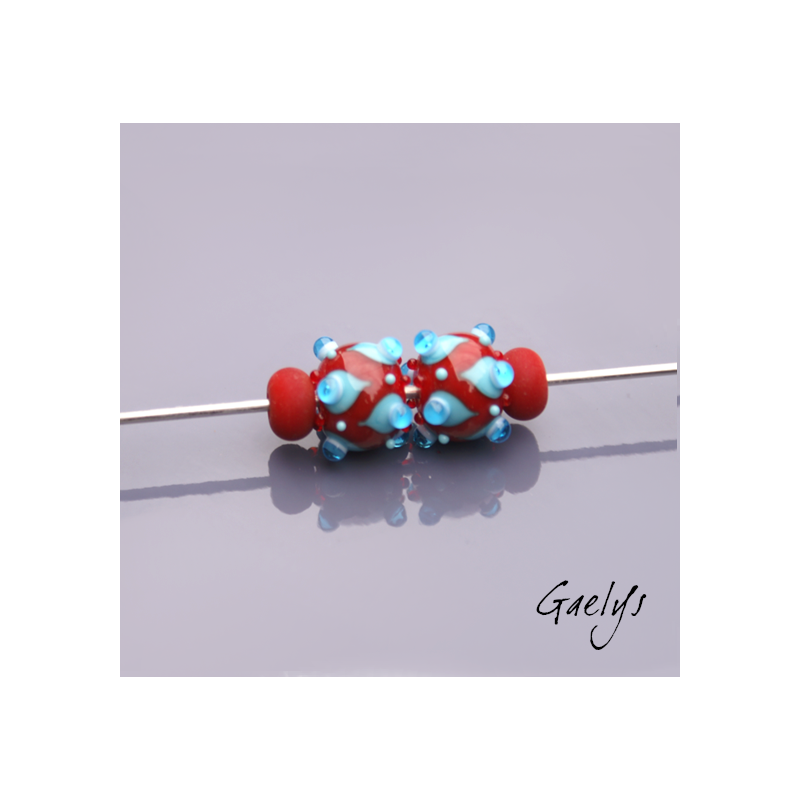 Perles à picots - duo de perles rondelle avec un jeu de points et picots  - rouge / bleu / aqua
