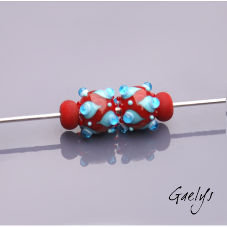 Perles à picots - duo de perles rondelle avec un jeu de points et picots  - rouge / bleu / aqua