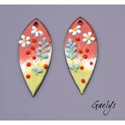 Paire de charm cuivre émaillé pour boucles d'oreille - vert / rouge / bleu  / jaune - longue feuille