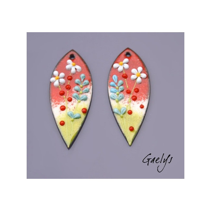 Paire de charm cuivre émaillé pour boucles d'oreille - vert / rouge / bleu  / jaune - longue feuille