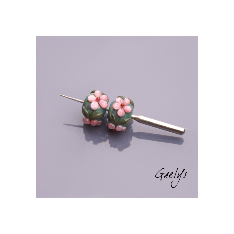 Lampwork Flower Beads - Rondelle Bead Duo - Green-Blue-Green Background / Foliage / Pink Flowers