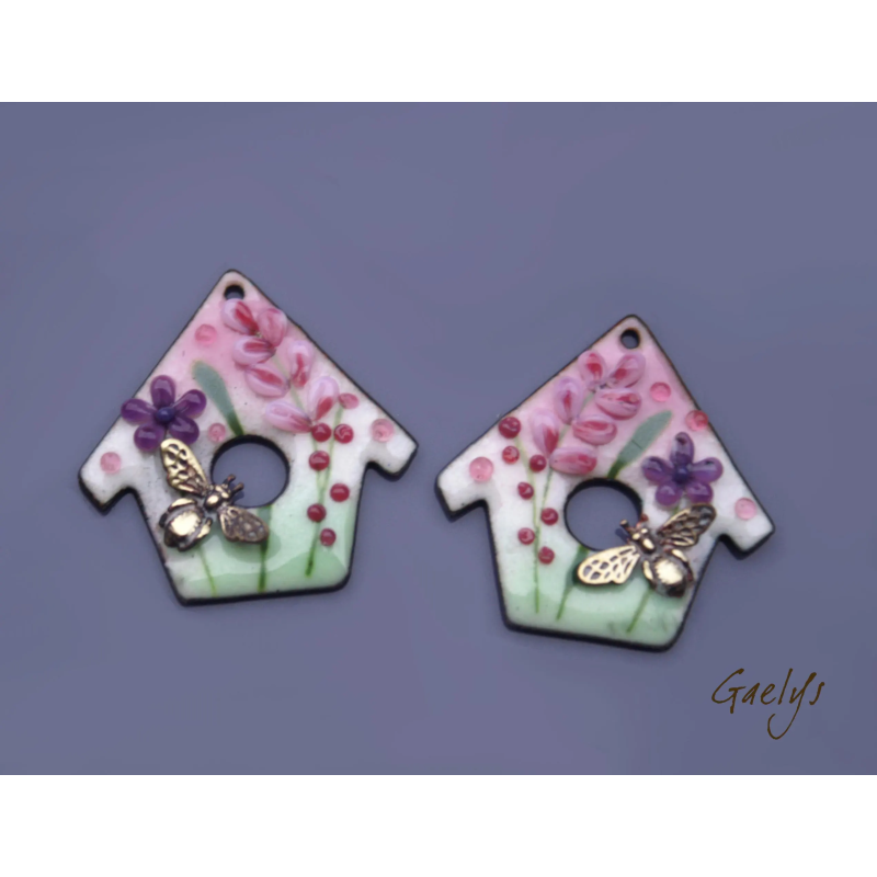 Nichoir - paire de Charm cuivre émaillé - bird house - vert, rose, violet- maison -  Bird House