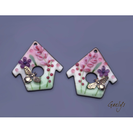 Nichoir - paire de Charm cuivre émaillé - bird house - vert, rose, violet- maison -  Bird House