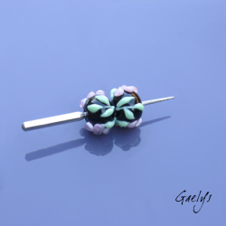 Lampwork Flower Beads - Duo of Round Beads - Flowers - Black Background / Pink Flowers (Wisteria Style), Pale Green Foliage