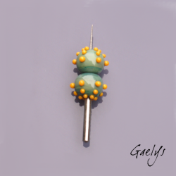 Perles Lampwork à picots oursin - duo de perles rondes avec points - bleu vert / jaune